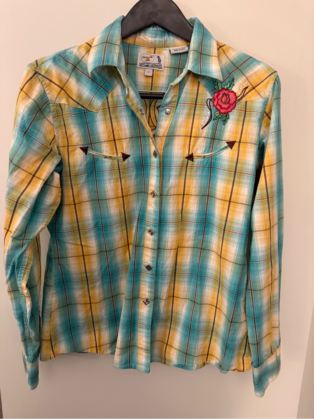 Panhandle Slim Western Plaid Embroidered Shirt L Horseshoe Rose Rhinestone
